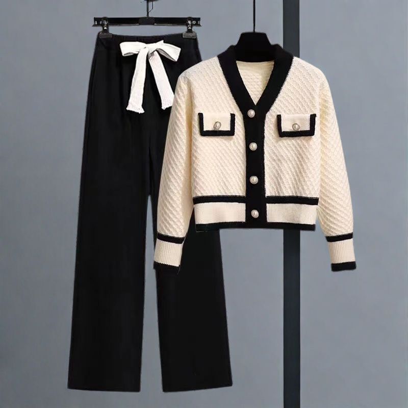 Fashion Age-reducing Single/suit Women's Autumn New Style Chanel Elegant Long-sleeved Sweater Cardigan Wide-leg Pants Two-piece Set
