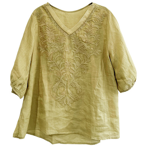 Ladies' Summer Thin V-Neck Embroidered Workmanship Casual Wearable Thin Cotton-Linen Shirt
