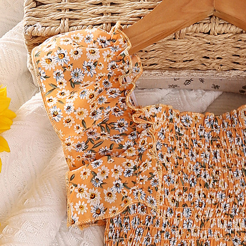 Girls' Spring and Summer New Arrival Korean Style Children's Dress with Bubble Sleeve Chiffon Floral Princess Dress European and American Foreign Trade Children's Clothing