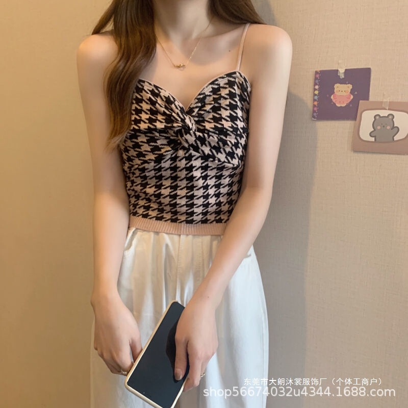Ins Super Popular Houndstooth Camisole with a Unique French Chic Design Ins Super Popular Houndstooth Camisole with a Unique French Chic Design