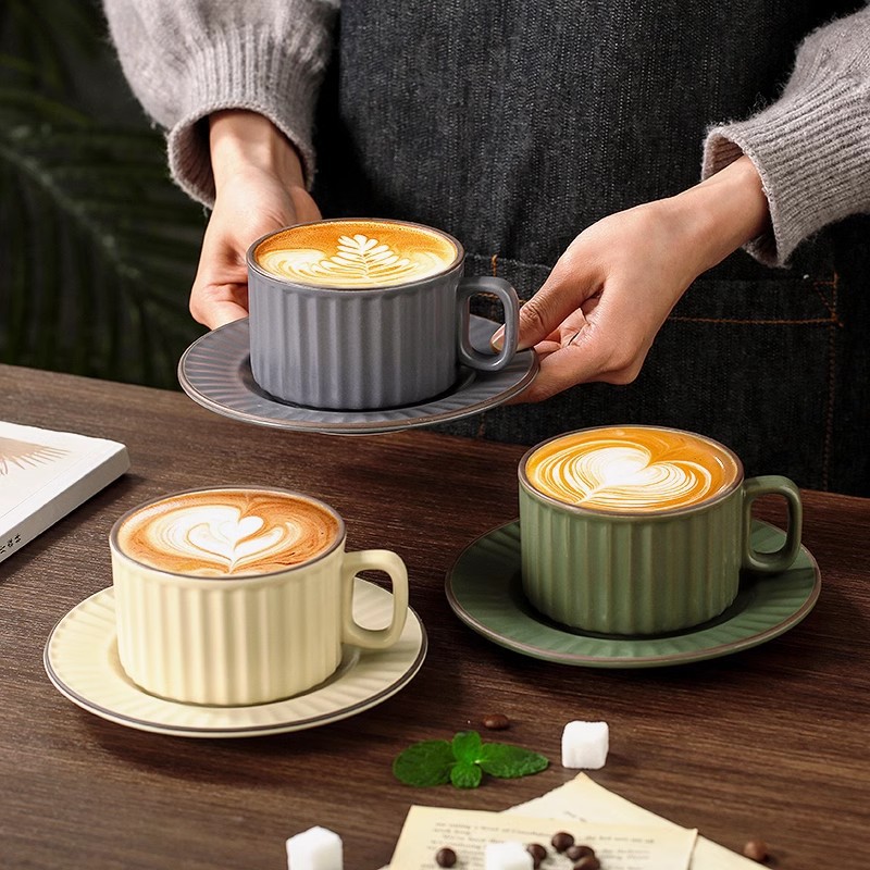 japanese-style ceramic latte cup retro coffee cup suit exquisite afternoon tea steam pitcher vertical pattern ins style good-looking