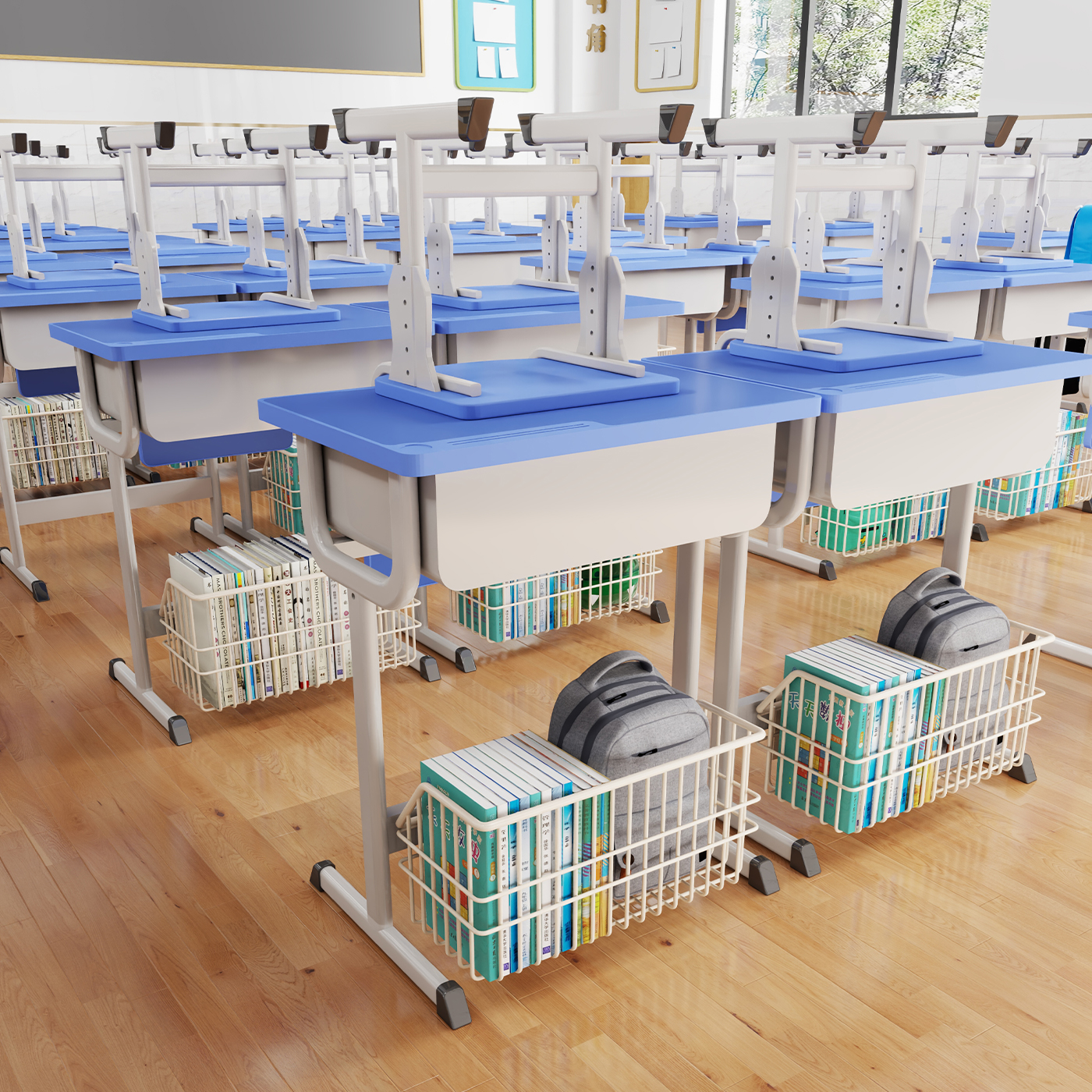 学生课桌书包挂篮桌下收纳置物架文具铁网架学校免打孔免安装