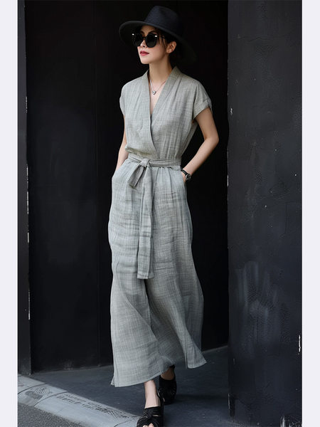 Váy liền vải lanh cotton cổ chữ V chiết eo tinh tế mùa hè — Váy vải lanh màu xám