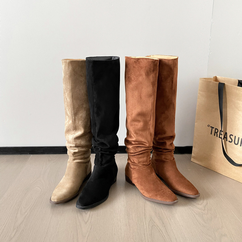 Super Slimming Round-Toe Western Cowboy Boots for Tall Individuals, Flat-Soled Over-The-Knee Long Boots, Dual-Wear Suede Pleated Slouch Boots, Versatile Super Slimming Round-Toe Western Cowboy Boots for Tall Individuals, Flat-Soled Over-The-Knee Long Boots, Dual-Wear Suede Pleated Slouch Boots, Versatile