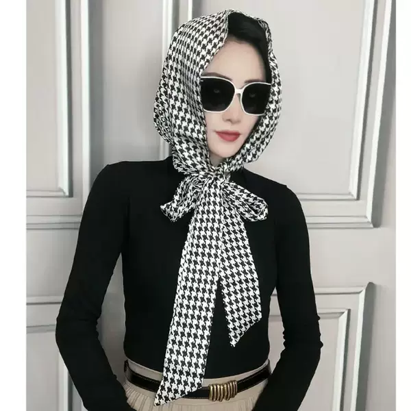 New houndstooth satin windproof sunscreen scarf scarf multi-use turban Net red popular elegant turban hat tide