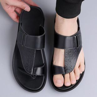 Men's flip-flops 2025 summer embossed leather top layer cowhide toe sandals sports leisure sandals