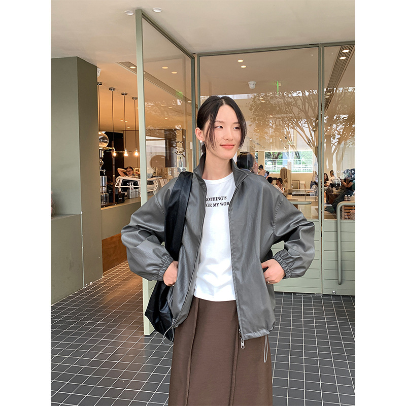THE MIND高級感PU皮衣女2024早秋新韓国版シンプルダブルジッパージャケットa 9015