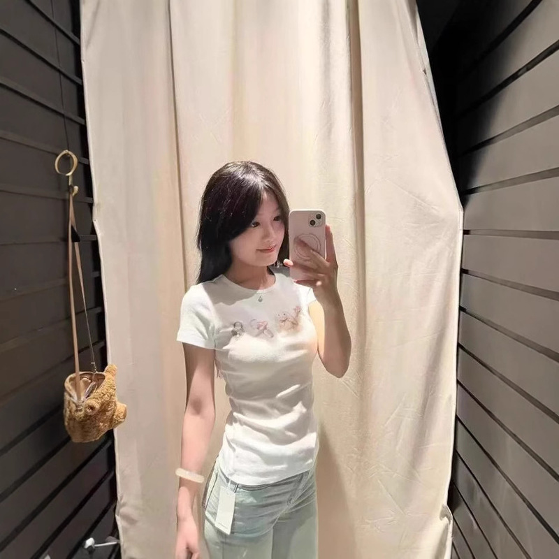 BM White Bear Cartoon Printed Round Neck Short-sleeved T-shirt Women's Summer Bm All-match Cotton Popular Beautiful Short Top