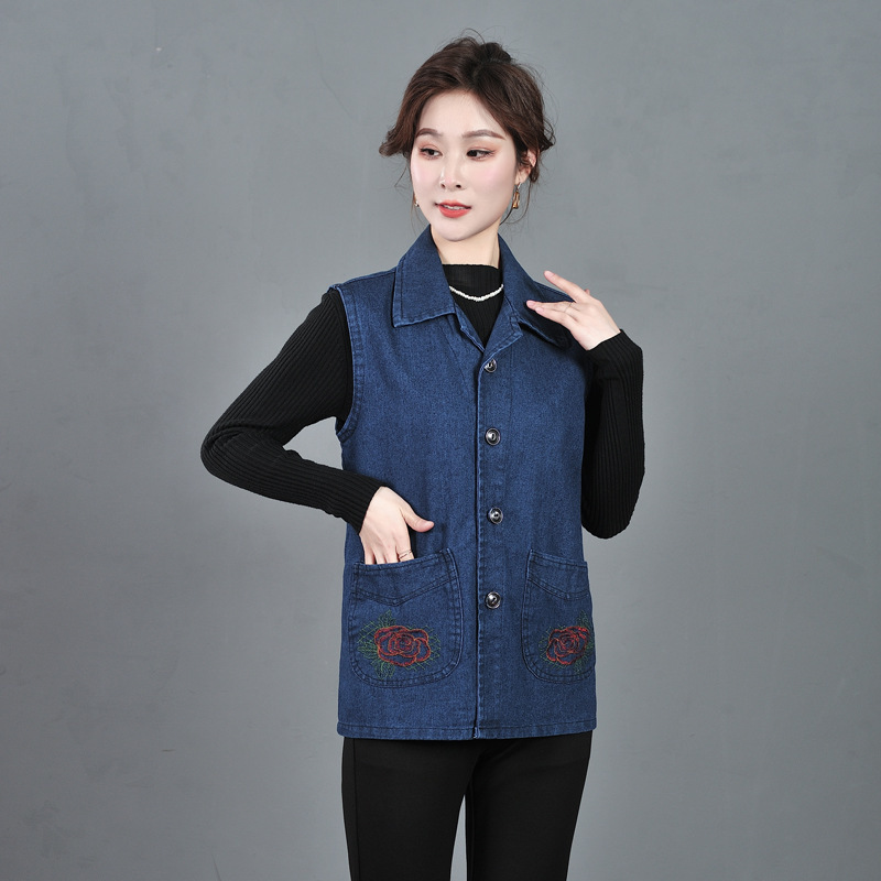 Women's Dark Blue Denim Vest for Middle-Aged Mothers, Suitable for Elderly, with Large Size and Pocket Design