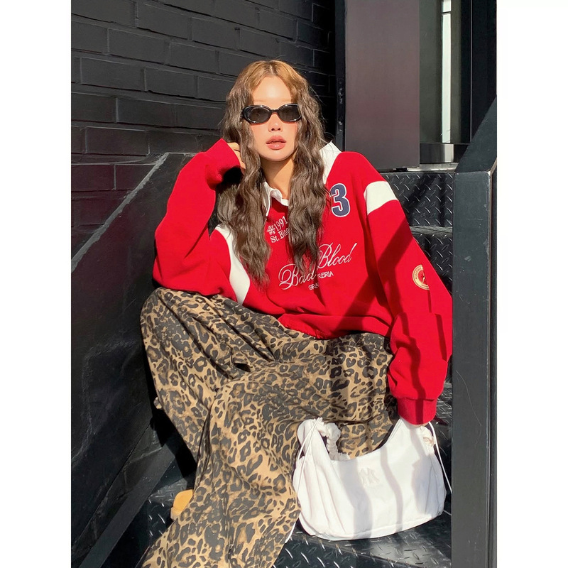 2025 Spring New Korean Designer Badblood Retro Polo Collar Baseball Uniform Sports Long-Sleeved Sweatshirt Trend