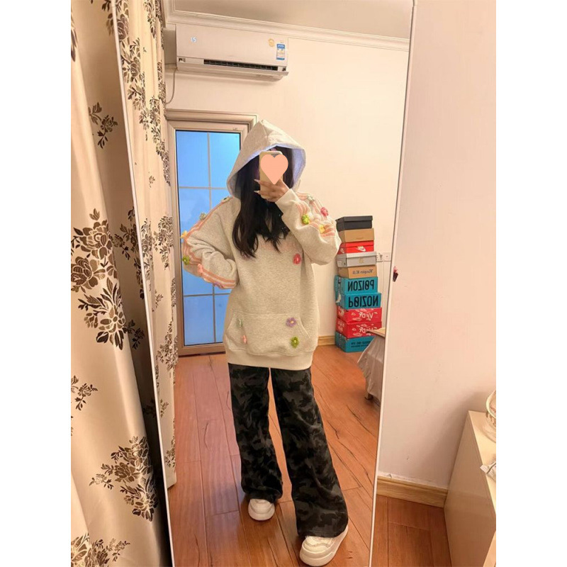 美式复古立体花朵刺绣连帽卫衣女春秋潮牌宽松休闲小个子百搭上衣|undefined