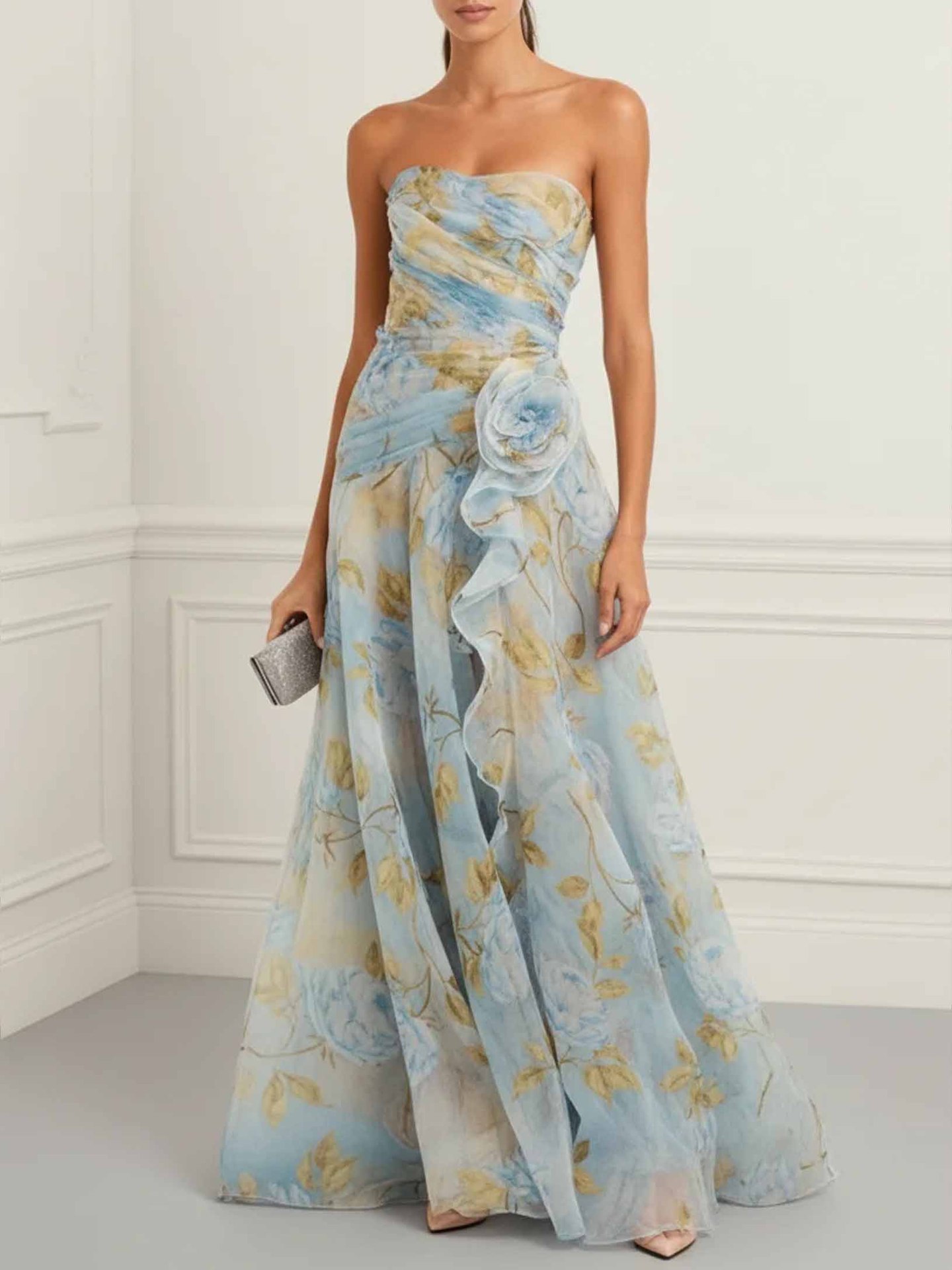 2026 European And American Cross-border Independent Site Party Elegant Ruched Strapless Printed Dress_ecoleips.com