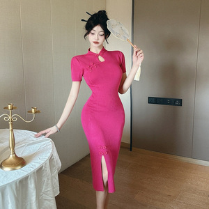Southeast Asian style improved cheongsam button up knitted dress with buttocks wrapped long skirt