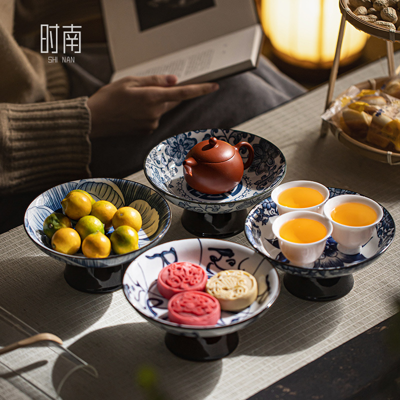 Ceramic Blue and Flower High Foot Plate Small Delicate High-end Fruit Plate Tea Shop Chinese Ancient Style Refreshment Diet Pastry Plate