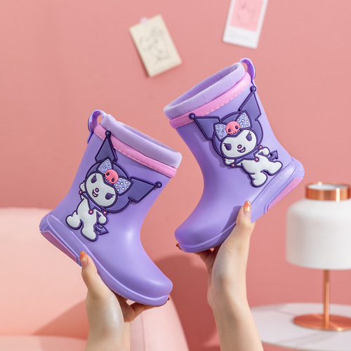 Sanrio genuine children's rain boots plus velvet Kuromi cinnamon dog Hello Kitty girls' rain boots non-slip children's rubber shoes