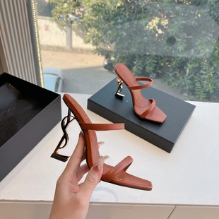 Yang Shulin High Heels, French Internet Celebrity's Same Style Square Toe Open Toe with Letters, Super High Heels, Fashionable Sandals and Slippers