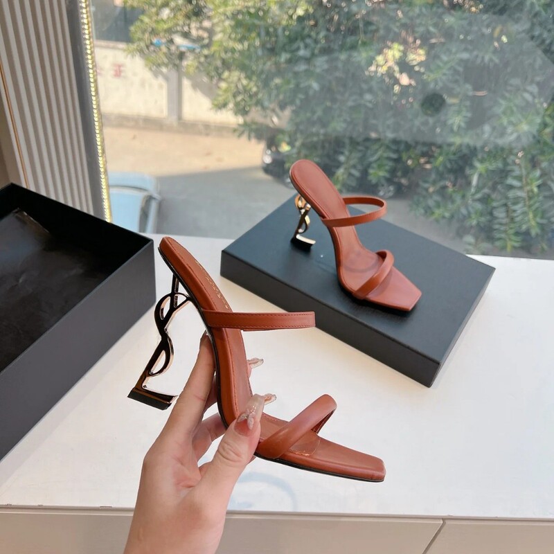 Yang Shulin High Heels, French Internet Celebrity's Same Style Square Toe Open Toe with Letters, Super High Heels, Fashionable Sandals and Slippers