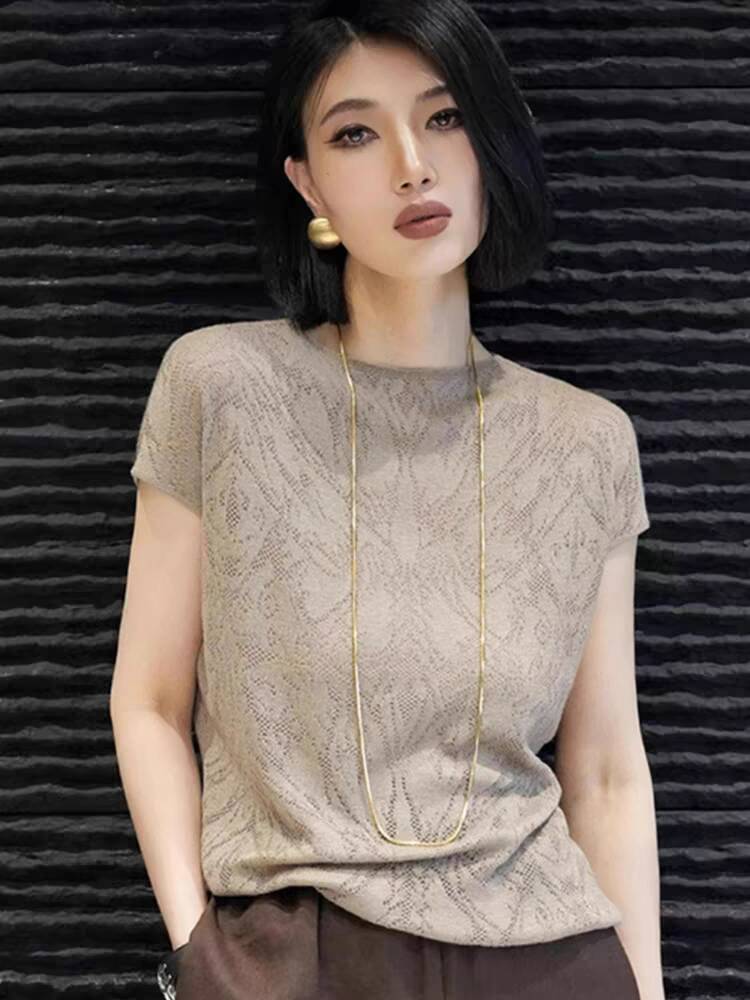 Áo thun nữ ngắn tay cổ tròn chất liệu jacquard, thiết kế vai rã, phong cách Hàn Quốc — Màu cà phê