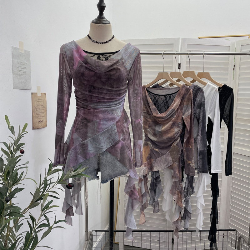 Real Shot of Swung Collar, Smudged Mesh Splicing, Lace Long-Sleeved Bottoming Top, Asymmetrical Ribbon Design T-Shirt 1322 Real Shot of Swung Collar, Smudged Mesh Splicing, Lace Long-Sleeved Bottoming Top, Asymmetrical Ribbon Design T-Shirt 1322
