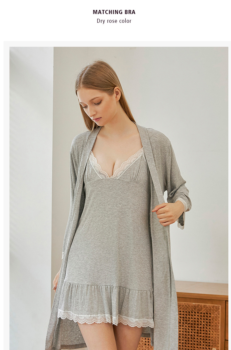 Pijamas sexy femininos profundo v rendas deslizamento camisola modal algodão casa roupão conjunto_voghion.com