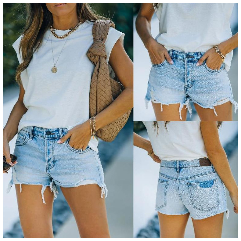 raw edge straight-leg mid-waist washed denim shorts NSJRM125242