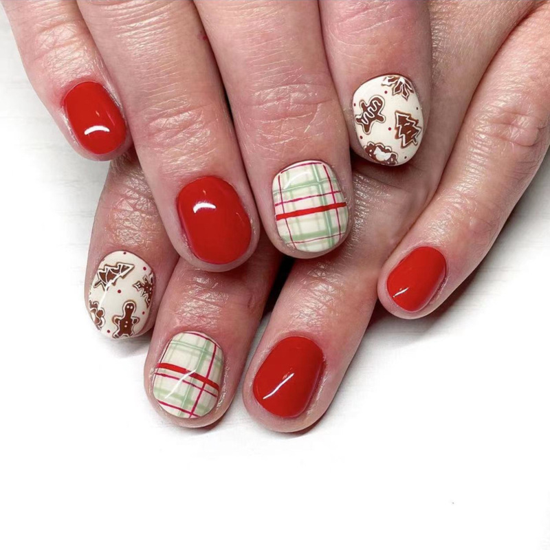 Christmas Plaid line red short square nail patch snowman Christmas tree snowflake design fake nail pressing nail