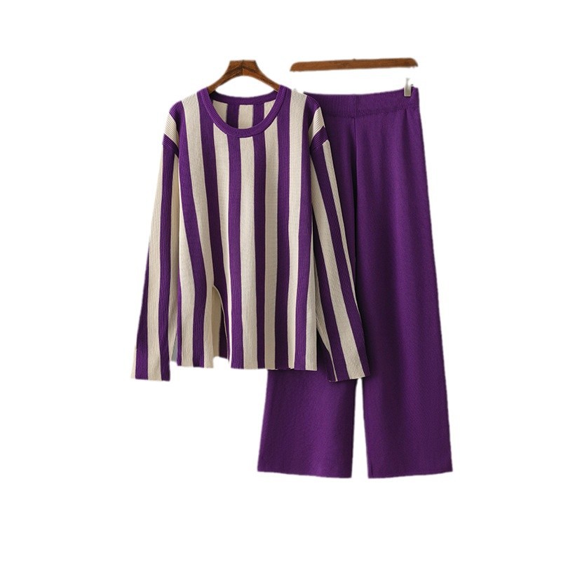 Women's Fashionable Two Piece Set European And American Style Striped round Neck Split Knit Top High Waisted Wide Leg Trousers_ecoleips.com