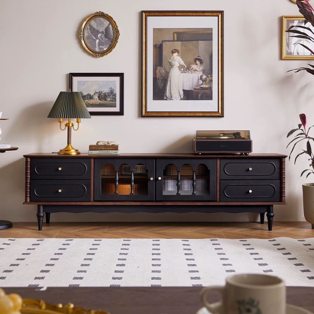 American Solid Wood Retro Coffee Table Living Room Tv Cabinet Black Floor-Standing French Storage Cabinet Internet Celebrity Storage New Cabinet