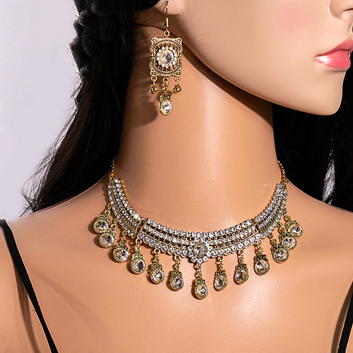 Vintage Exaggerated Water Diamond Necklace, Evening Dress Geometric Square Jewelry Set, Diamond Drop Earrings for Women