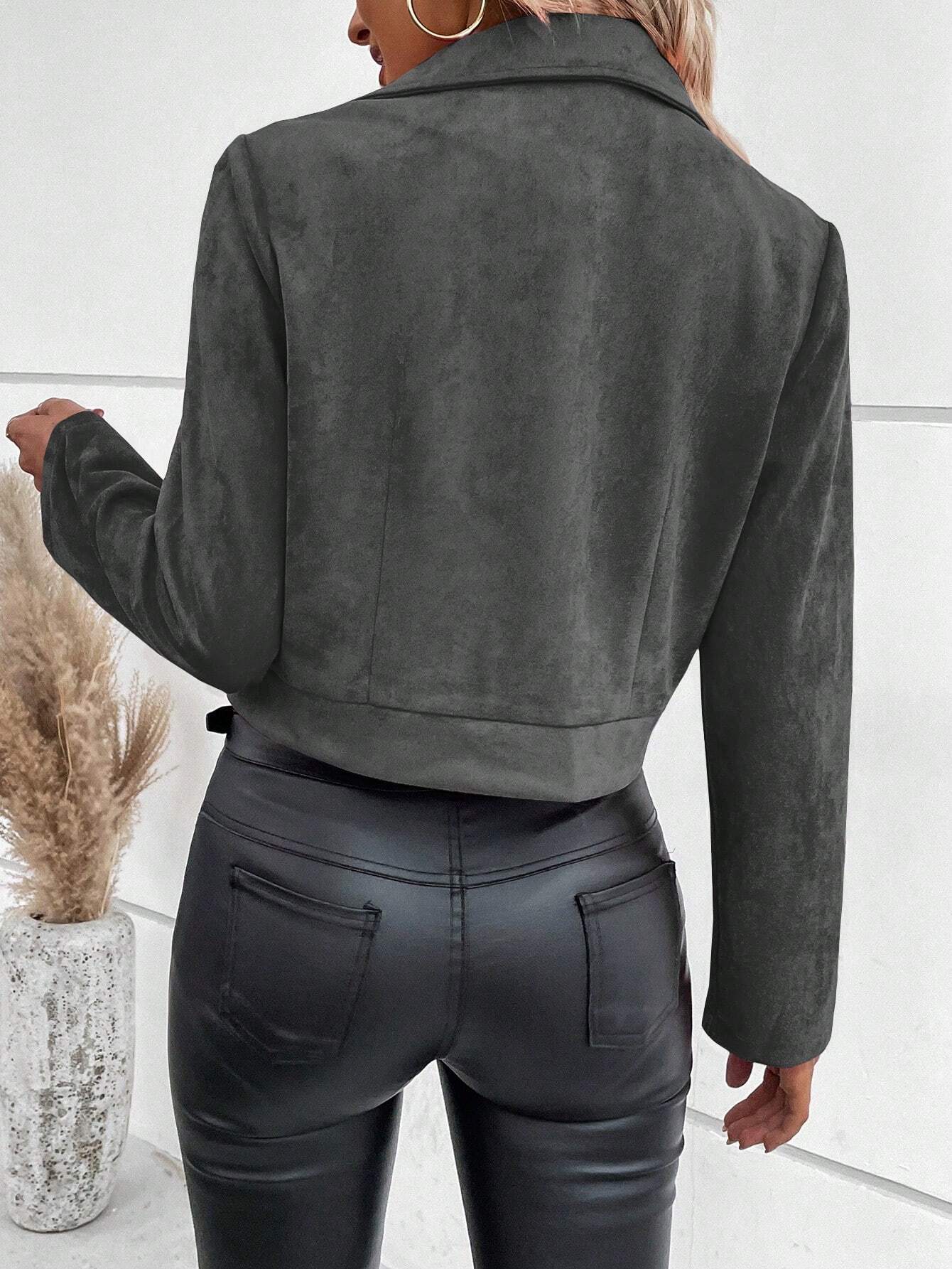 Women's Slim Fit Suede Short Jacket With Zipper For Winter_voghion.com