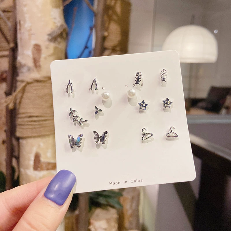 Earrings set, small elegant studs 2–12 pcs, pearl and charming motif designs