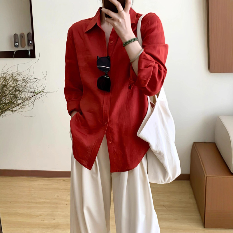 Korean Style White-Enhancing Red Linen Commuter Shirt for Women 2026 Spring and Autumn New High-End Lazy Style Turn-Down Collar Long-Sleeve Shirt