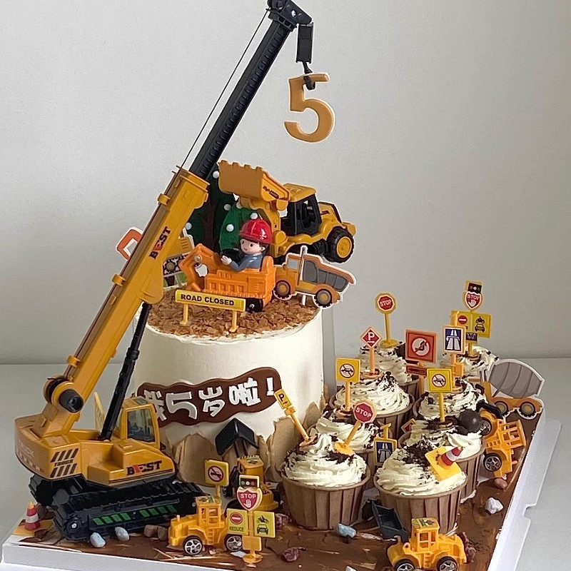 Celebridades de Internet decoración de pasteles de cumpleaños para niños decoración grúa excavadora camión de ingeniería grúa torre postre de cumpleaños accesorios de vasos de papel