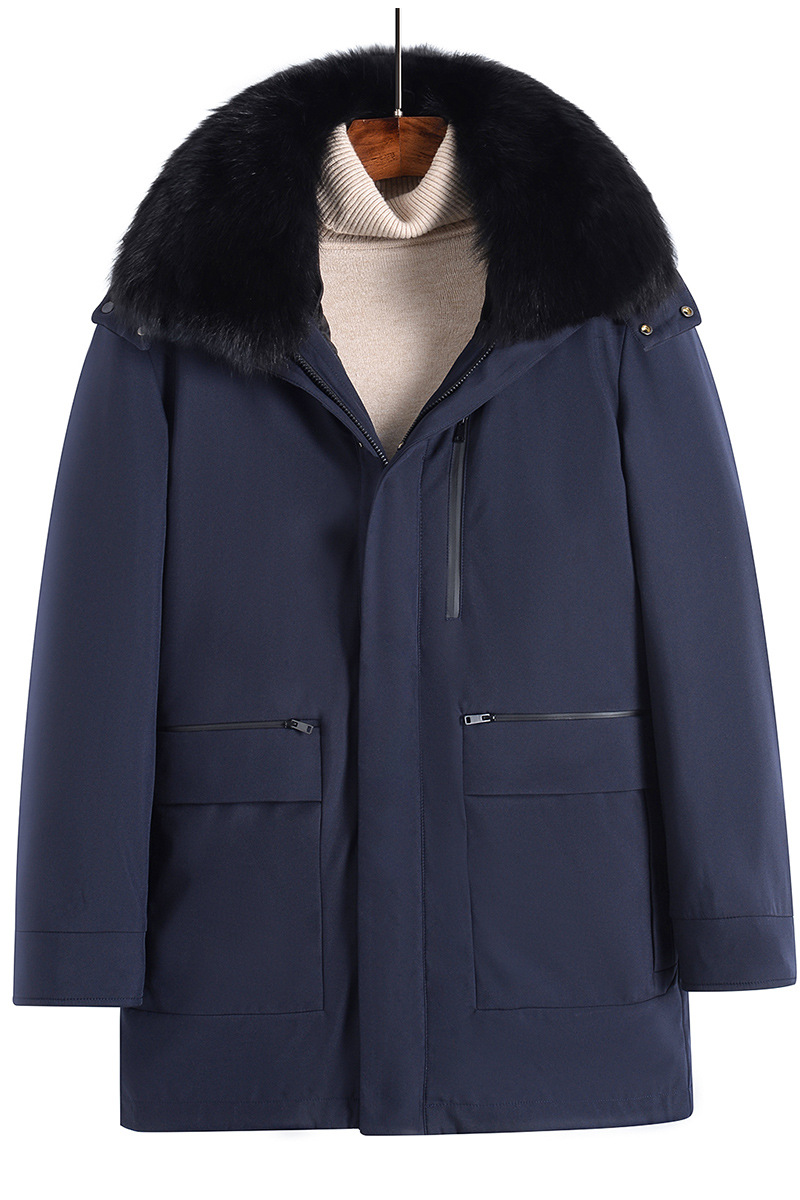 Herrenbekleidung Winter verdickter abnehmbarer Kragen mittleren Alters Winter einfarbig Fleck blau und weiß Ente Seide Baumwolle Reißverschluss lässig Seide Baumwolle Jacke für Männer_voghion.com