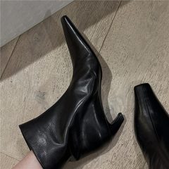 牛皮版~法式小方头真皮猫跟短靴女宽筒高跟踝靴骑士中筒靴瘦瘦靴