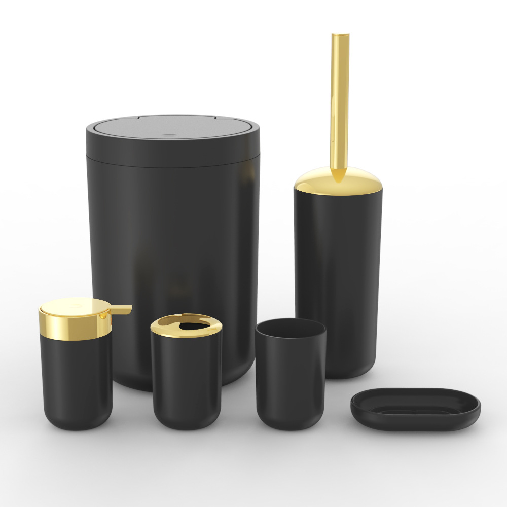 Plástico de color sólido chapado en oro seis piezas conjunto de cepillo de dientes caja de jabón cepillo de inodoro almacenamiento baño conjunto de lavado