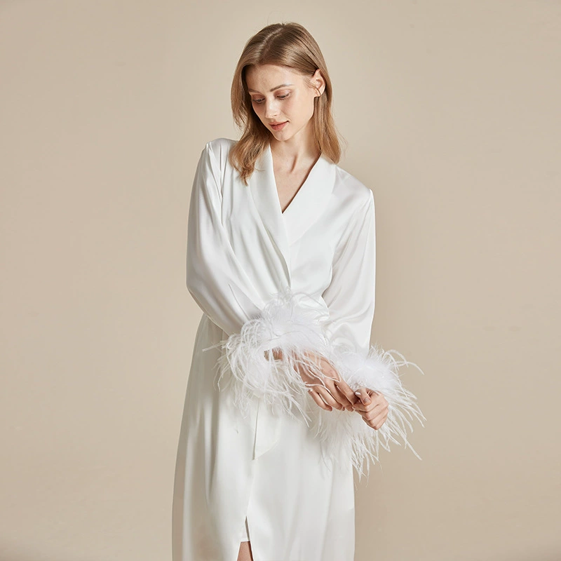 Beigimeng Пижама женская весна и осень новая свадьба невесты ледяной шелк атлас идти шов манжеты съемный перо утреннее платье