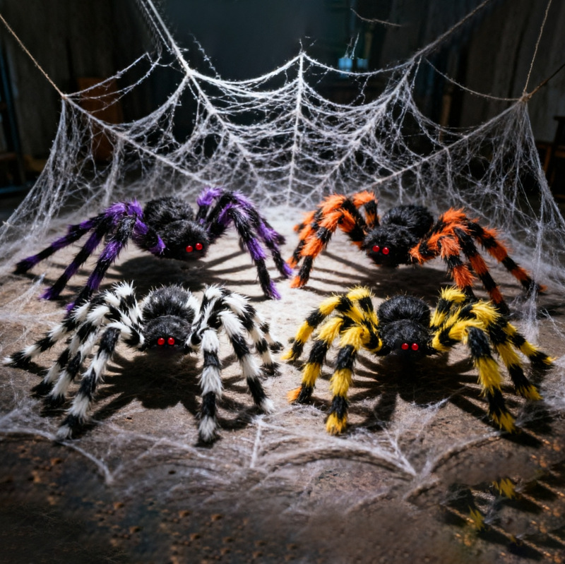Halloween Spider Web Plush Spider Props Haunted House Bar Decoration Props Realistic Horror Holiday Prank Supplies