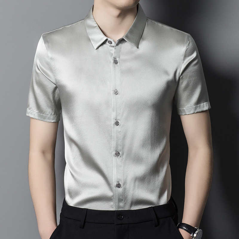 Mulberry silk solid color silk stretch satin short sleeve men's shirt summer new middle-aged business casual thin shirt