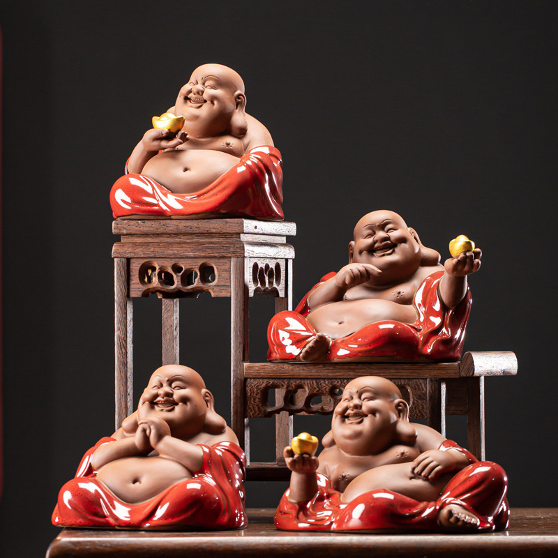 Red Ceramic Maitreya Buddha Laughing Buddha Statue Living Room Craft Art Desktop Decorative Item Zisha Tea Pet Lucky Money Shelf Accent