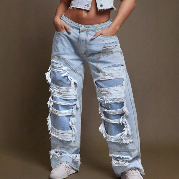Frdm70203 # European and American Amazon Aliexpress Plus Size Women's Loose Personalized Double Layer Ripped Trousers Jeans