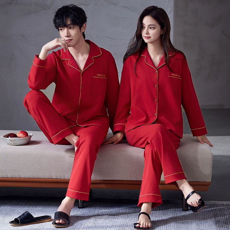 Pijama de algodón femenino primavera y otoño manga larga suelta boda recién casada festiva ropa de casa de hombre rojo pareja dos conjuntos