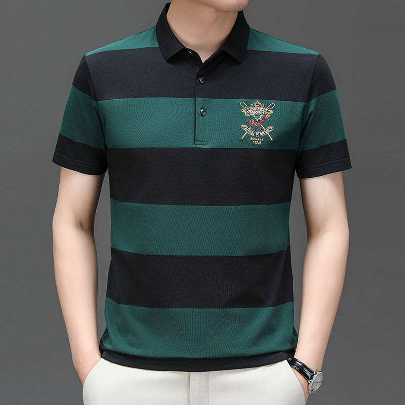 Exclusivo transfronterizo para verano nuevo estilo de algodón bordado de manga corta camiseta de hombre a rayas casual solapa de gran tamaño camisa POLO para hombre