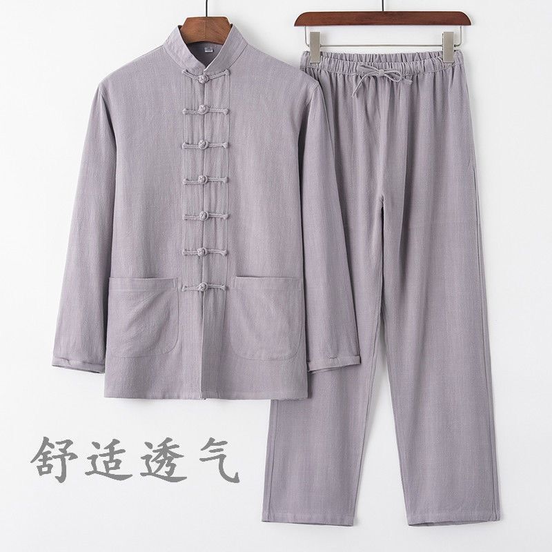 Cotton and Linen Tang Suit with Chinese-Style Button Fastening, Long-Sleeve Set, Chinese Retro Loose-Fitting Tai Chi Top, Foreign Trade Cross-Border Wholesale