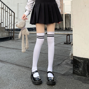 Japanese Style Two-Bar Over-The-Knee Socks for Women, Preppy Style Stockings, White Pressure Pile Socks, Thigh High Socks for Students