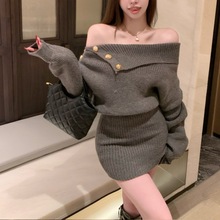 纯欲风一字领露肩针织连衣裙女秋冬小个子气质不规则包臀毛衣裙子