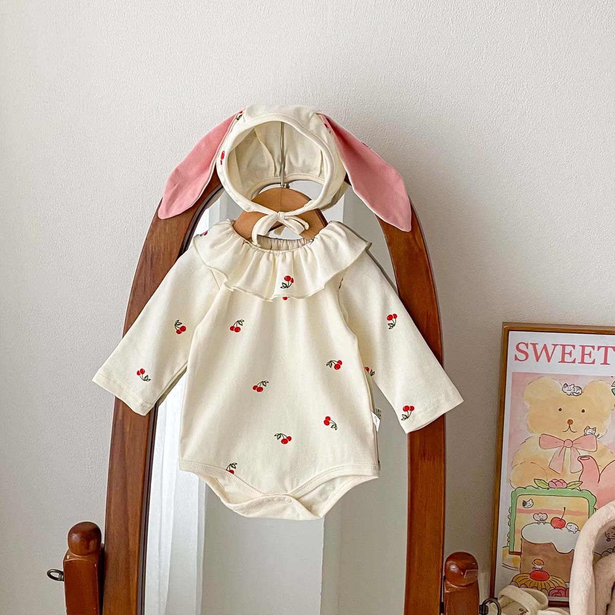 Ropa de otoño para bebé, estilo coreano, pelele para recién nacida, mono de princesa para bebé, pelele de luna llena, traje de gateo con estampado de cerezas