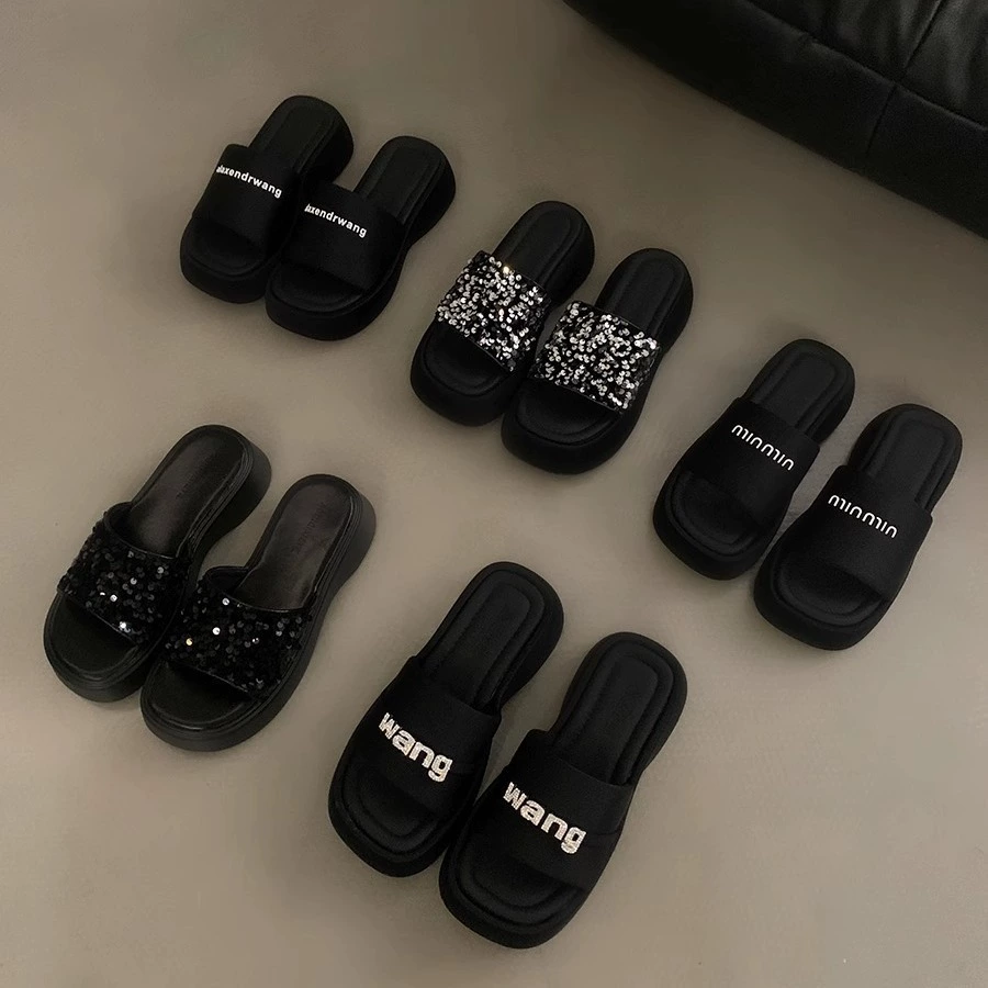 Platform Slide Sandals, Summer Sequin & Letter Slides, Sizes 35–40