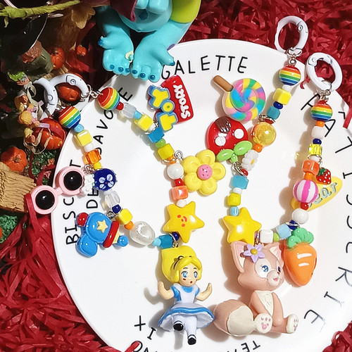 Crystal Colorful Beaded Cute Little Fox Alice Phone Chain Bag Pendant Keychain Back Clip Chain Exquisite Craftsmanship Hanging Chain