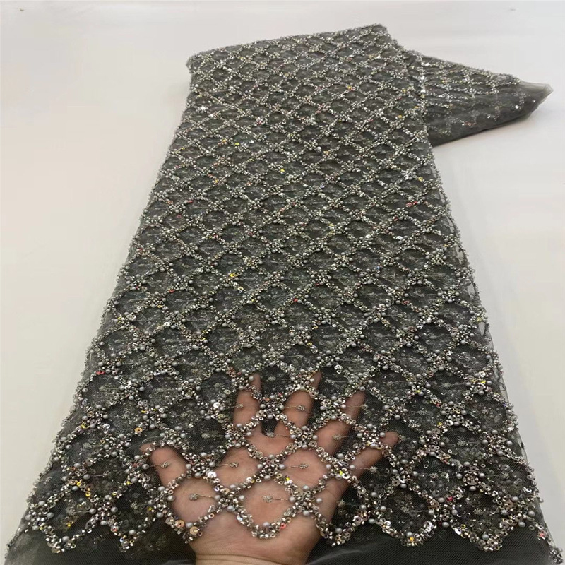 Clásico diamante malla arroz cuentas lentejuelas cuentas bordadas tubo lentejuelas bordado tela vestido falda encaje Malla tela JX2994
